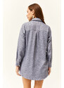 Olalook Women's Indigo Embroidered Pearled Wool Effect Oversize Winter Shirt