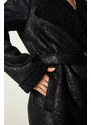 Happiness İstanbul Štěstí İstanbul Dámský černý dvouřadý krk Shearling Nubukový kabát