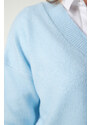 Happiness İstanbul Dámský nebesky modrý oversize pletený svetr s výstřihem do V