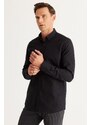 AC&Co / Altınyıldız Classics Men's Black Tailored Slim Fit Slim Fit Buttoned Collar Linen Look 100% Cotton Flamed Shirt