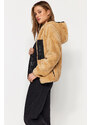 Trendyol EcruCamel Oversize plyšový kabát s kapucí a kapsami