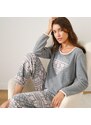 Blancheporte Fleecové pyžamo s nášivkou srdce šedá/růžová 50