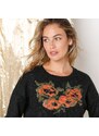 Blancheporte Volný pulovr se žakárovým motivem květin černá/oranžová 46/48