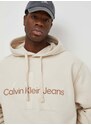 Bavlněná mikina Calvin Klein Jeans pánská, béžová barva, s kapucí, s aplikací
