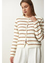 Happiness İstanbul Women's Bone Brown Stylish Buttoned Striped Knitwear Cardigan