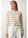 Happiness İstanbul Women's Bone Brown Stylish Buttoned Striped Knitwear Cardigan