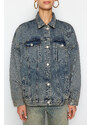 Trendyol Blue Faded Effect Vintage Oversize Denim Jacket