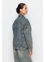 Trendyol Blue Faded Effect Vintage Oversize Denim Jacket