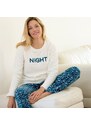 Blancheporte Fleecové pyžamo s kalhotami a výšivkou "night" paví modrá 38/40