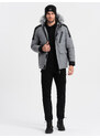 Ombre Men's winter jacket with adjustable hood with detachable fur - grey and black