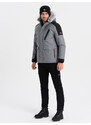 Ombre Men's winter jacket with adjustable hood with detachable fur - grey and black