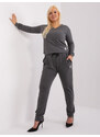 Fashionhunters Tmavě šedé melanžové kalhoty větší velikosti s ozdobnou páskou