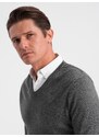 Ombre Clothing Pánský svetr s výstřihem do V a košilovým límcem - grafitový V3 OM-SWSW-0102