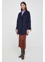 Vlněný kabát Twinset tmavomodrá barva, přechodný, dvouřadový