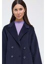 Vlněný kabát Twinset tmavomodrá barva, přechodný, dvouřadový