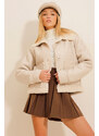 Trend Alaçatı Stili Women's Cream Double Pocket Shearling Faux Leather Coat