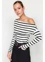 Trendyol Black and White Striped Premium Soft Fabric Fitted Boat Collar Flexible Knitted Blouse