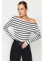 Trendyol Black and White Striped Premium Soft Fabric Fitted Boat Collar Flexible Knitted Blouse