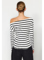 Trendyol Black and White Striped Premium Soft Fabric Fitted Boat Collar Flexible Knitted Blouse