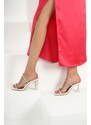Madamra White Women's Stone Decorated Transparent Heeled Slippers