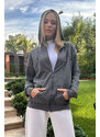 Trend Alaçatı Stili Women's Anthracite Hooded Double Pocket Zipper Oversize Sweatshirt