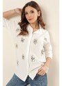 By Saygı Sequin Embroidered Eye Pattern Crepe Linen Shirt Cream