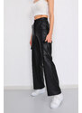 BİKELİFE Women's Black Leather High Waist Wide Leg Cargo Pants