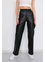 BİKELİFE Women's Black Leather High Waist Wide Leg Cargo Pants