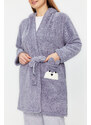 Trendyol Curve Gray Animal Figured Wellsoft Knitted Dressing Gown