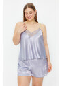 Trendyol Curve Light Blue Lace Detailed Satin Woven Pajamas Set