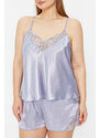 Trendyol Curve Light Blue Lace Detailed Satin Woven Pajamas Set