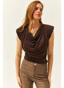 Olalook Women's Bitter Brown Waisted Collar Flowy Blouse