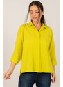 armonika Women's Neon Green Loose Linen Shirt with Pocket