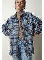 Happiness İstanbul Women's Light Blue Patterned Oversize Cachet Lumberjack Shirt