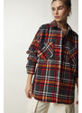 Happiness İstanbul Women's Gray Red Patterned Oversize Cashmere Lumberjack Shirt