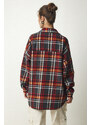 Happiness İstanbul Women's Gray Red Patterned Oversize Cashmere Lumberjack Shirt