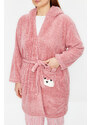 Trendyol Curve Powder Animal Figured Pocket Hooded Wellsoft Knitted Dressing Gown