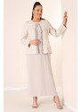 By Saygı Sleeveless Long Dress Stone Detailed Jacquard Plus Size Lined 2-Piece Suit