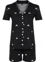 Trendyol Black 100% Cotton Heart Patterned Shirt-Shorts Knitted Pajamas Set