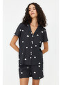 Trendyol Black 100% Cotton Heart Patterned Shirt-Shorts Knitted Pajamas Set