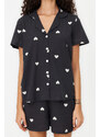 Trendyol Black 100% Cotton Heart Patterned Shirt-Shorts Knitted Pajamas Set