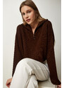 Happiness İstanbul Women's Brown Zipper Collar Knitwear Sweater
