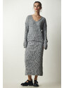 Happiness İstanbul Women's Gray Ribbed Sweater Skirt Knitwear Suit