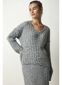 Happiness İstanbul Women's Gray Ribbed Sweater Skirt Knitwear Suit