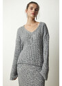 Happiness İstanbul Women's Gray Ribbed Sweater Skirt Knitwear Suit