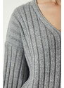 Happiness İstanbul Women's Gray Ribbed Sweater Skirt Knitwear Suit