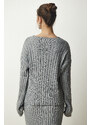 Happiness İstanbul Women's Gray Ribbed Sweater Skirt Knitwear Suit