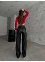 BİKELİFE Women's Black Leather High Waist Wide Leg Cargo Pants