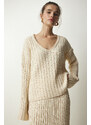 Happiness İstanbul Women's Cream Ribbed Sweater Skirt Knitwear Suit