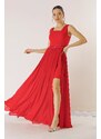 By Saygı Rhinestone Waist Decollete Skirt Chiffon Short Lined Dress